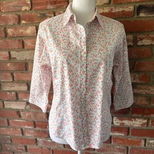 L.L. Bean White Button-Up Shirt with Pink & Light Blue Floral Print